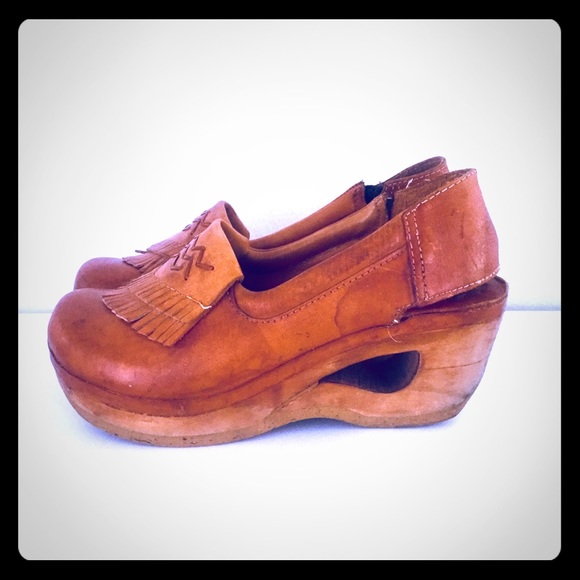Vintage Shoes - SOLD Vintage leather Platform Clogs cut out Wood